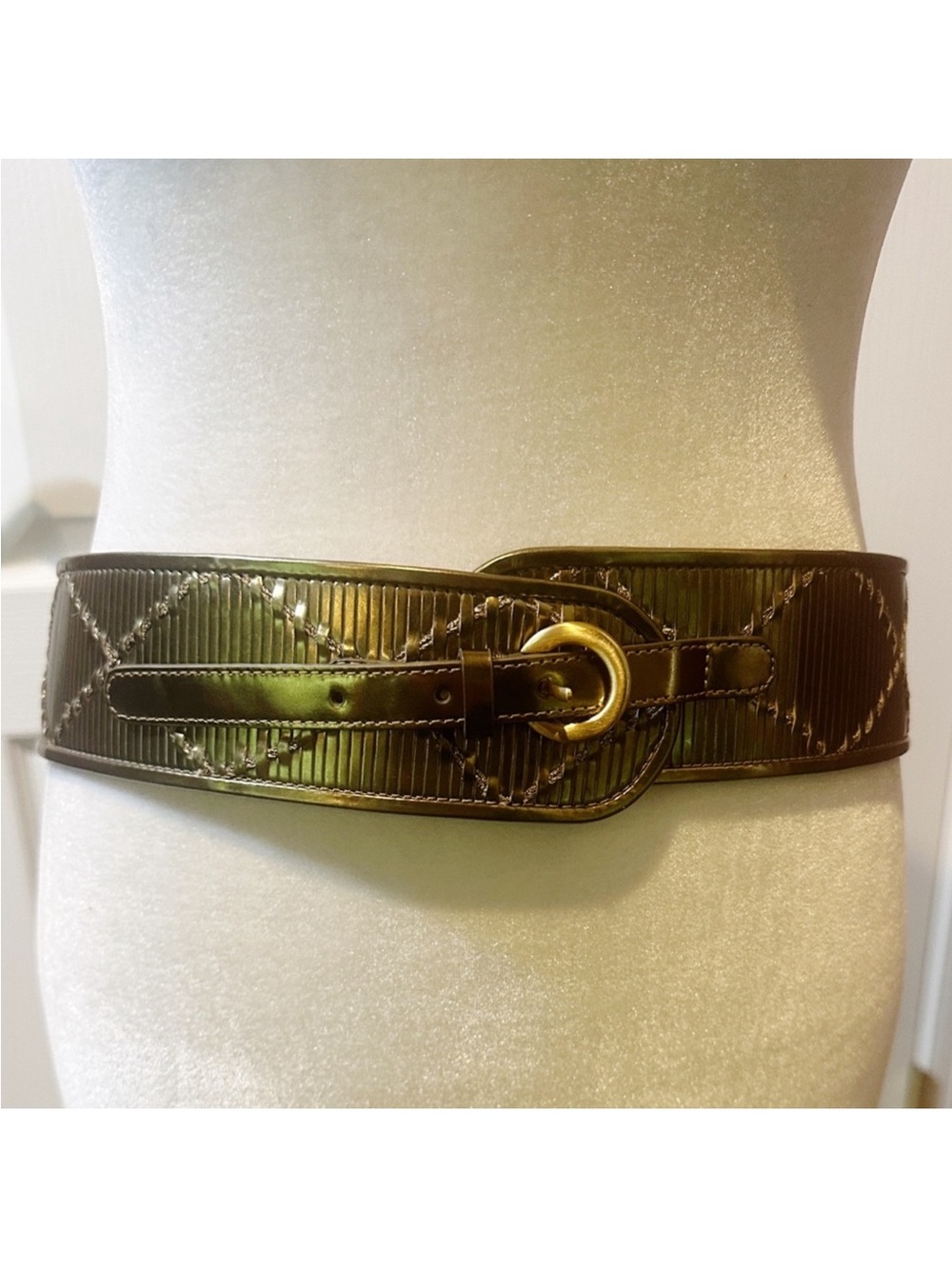 Cole Haan Olive Bronze Quilted Leather Waist Belt with Gold Ring